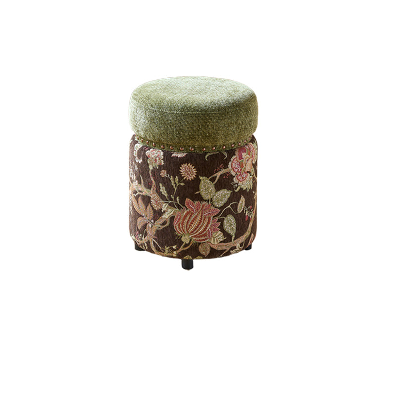 Traditional European Solid Wood Chenille Upholstered Rubber Base Cylindrical Vanity Stool Backless Armless For Bedroom