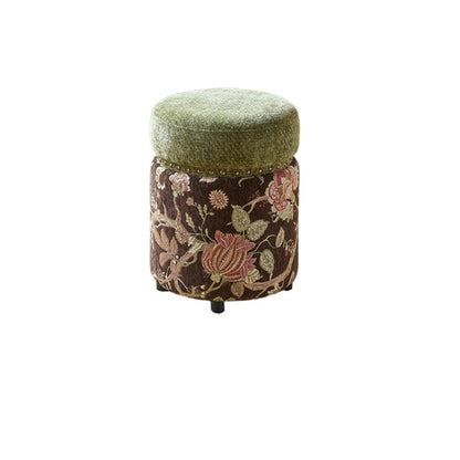 Traditional European Solid Wood Chenille Upholstered Rubber Base Cylindrical Vanity Stool Backless Armless For Bedroom