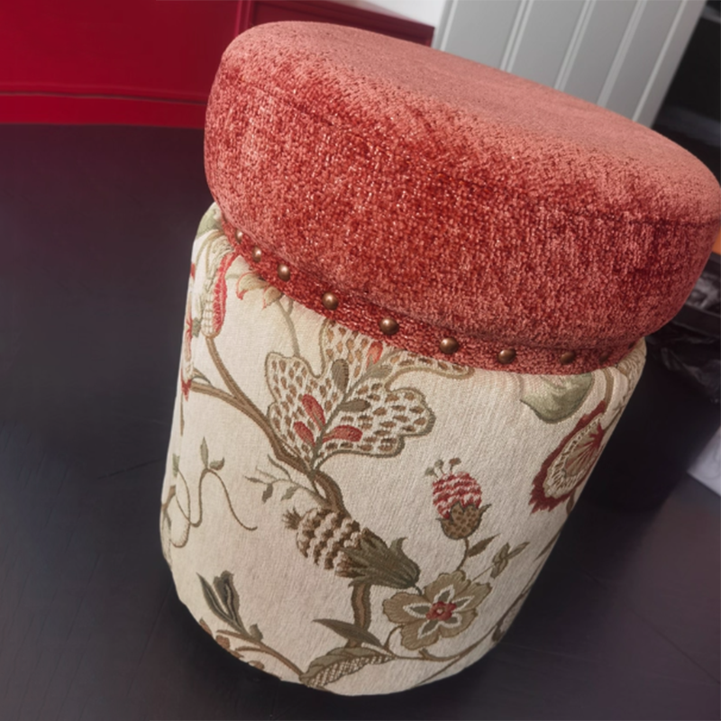 Traditional European Solid Wood Chenille Upholstered Rubber Base Cylindrical Vanity Stool Backless Armless For Bedroom