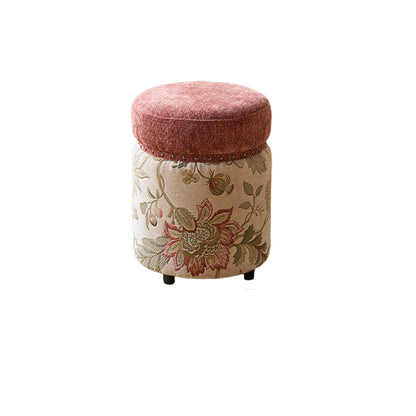 Traditional European Solid Wood Chenille Upholstered Rubber Base Cylindrical Vanity Stool Backless Armless For Bedroom