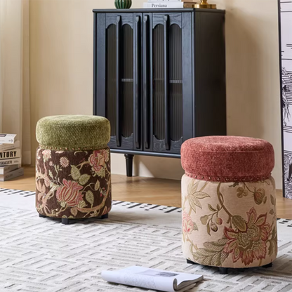 Traditional European Solid Wood Chenille Upholstered Rubber Base Cylindrical Vanity Stool Backless Armless For Bedroom