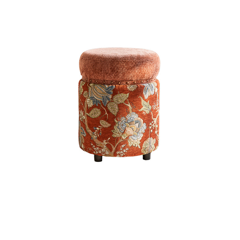 Traditional European Solid Wood Chenille Upholstered Rubber Base Cylindrical Vanity Stool Backless Armless For Bedroom