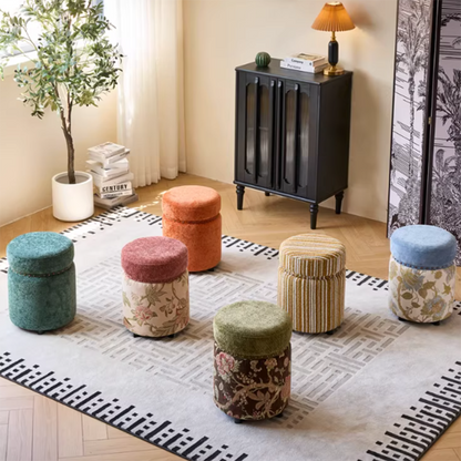 Traditional European Solid Wood Chenille Upholstered Rubber Base Cylindrical Vanity Stool Backless Armless For Bedroom