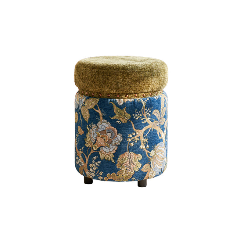 Traditional European Solid Wood Chenille Upholstered Rubber Base Cylindrical Vanity Stool Backless Armless For Bedroom