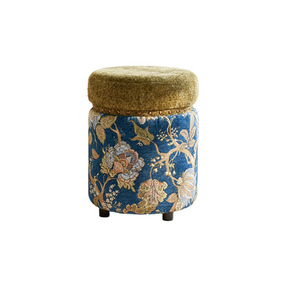 Traditional European Solid Wood Chenille Upholstered Rubber Base Cylindrical Vanity Stool Backless Armless For Bedroom