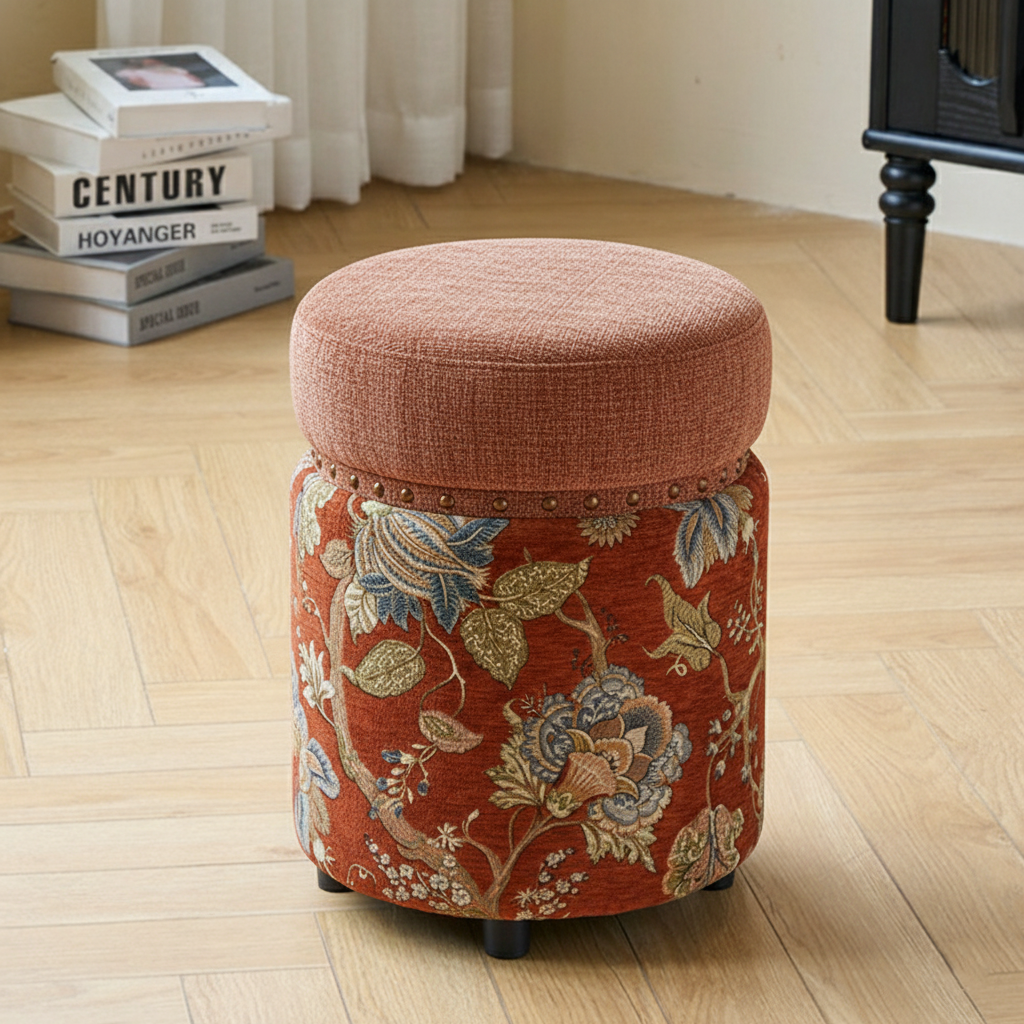 Traditional European Solid Wood Chenille Upholstered Rubber Base Cylindrical Vanity Stool Backless Armless For Bedroom