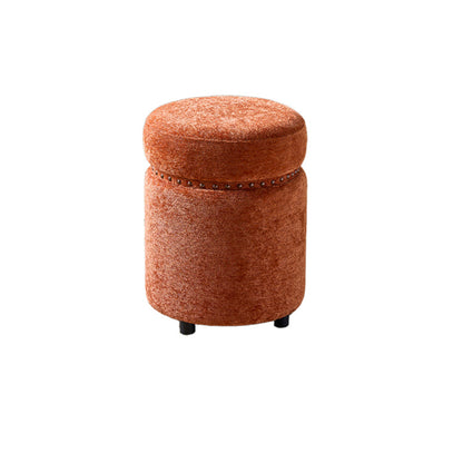 Traditional European Solid Wood Chenille Upholstered Rubber Base Cylindrical Vanity Stool Backless Armless For Bedroom