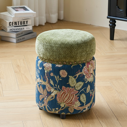 Traditional European Solid Wood Chenille Upholstered Rubber Base Cylindrical Vanity Stool Backless Armless For Bedroom