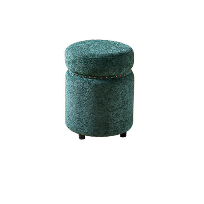 Traditional European Solid Wood Chenille Upholstered Rubber Base Cylindrical Vanity Stool Backless Armless For Bedroom