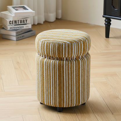 Traditional European Solid Wood Chenille Upholstered Rubber Base Cylindrical Vanity Stool Backless Armless For Bedroom