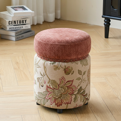 Traditional European Solid Wood Chenille Upholstered Rubber Base Cylindrical Vanity Stool Backless Armless For Bedroom
