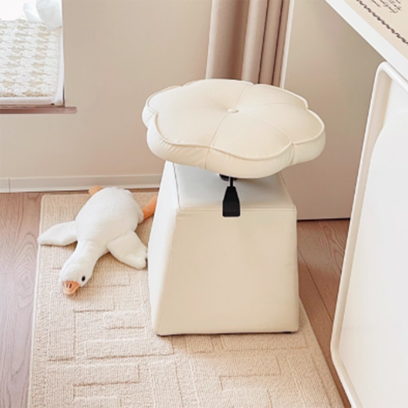 Traditional French Floral PU Leather Wood Sponge Liftable Swivel Vanity Stool Backless Armless For Bedroom
