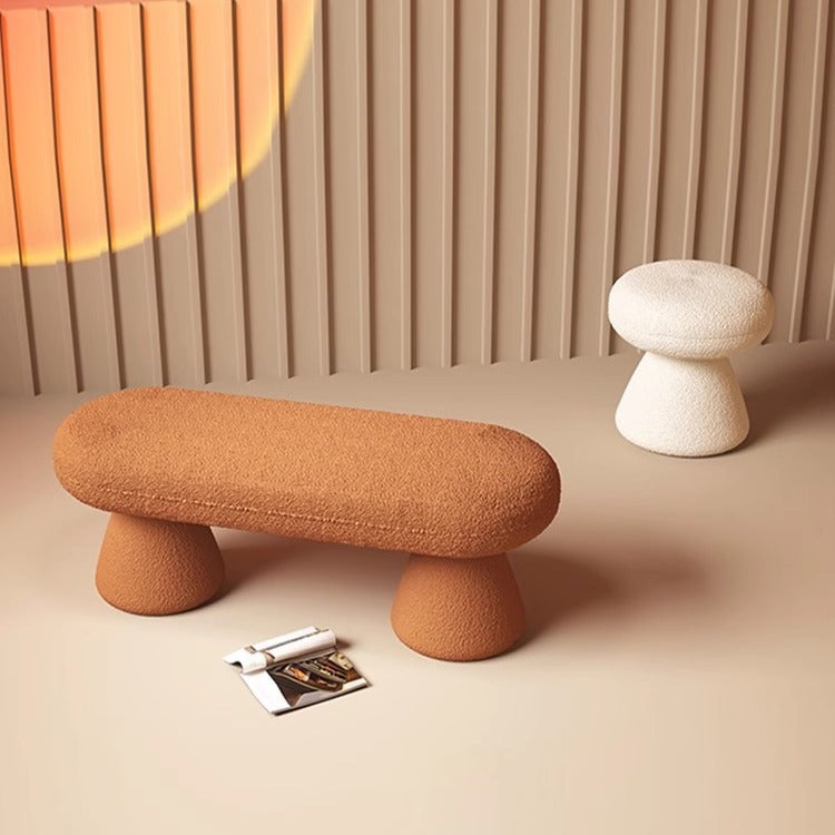 Modern Minimalist Oval Sherpa Solid Wood Sherpa Fabric Upholstered Bench Backless Armless For Entryway & Hallway