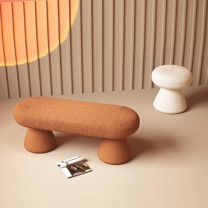 Modern Minimalist Oval Sherpa Solid Wood Sherpa Fabric Upholstered Bench Backless Armless For Entryway & Hallway