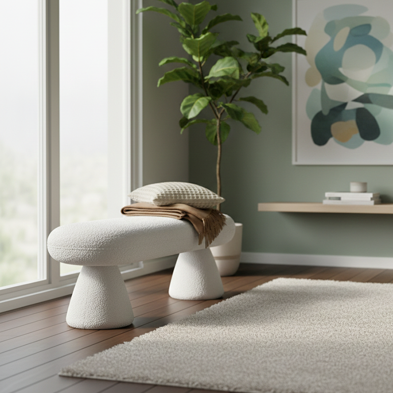 Modern Minimalist Oval Sherpa Solid Wood Sherpa Fabric Upholstered Bench Backless Armless For Entryway & Hallway