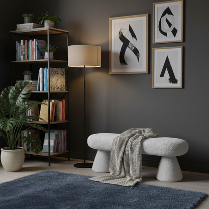 Modern Minimalist Oval Sherpa Solid Wood Sherpa Fabric Upholstered Bench Backless Armless For Entryway & Hallway