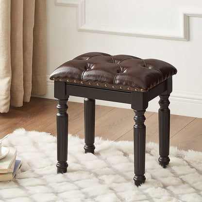 Traditional European Rectangular Ash Wood Fabric Faux Leather Sponge Vanity Stool Backless Armless For Bedroom