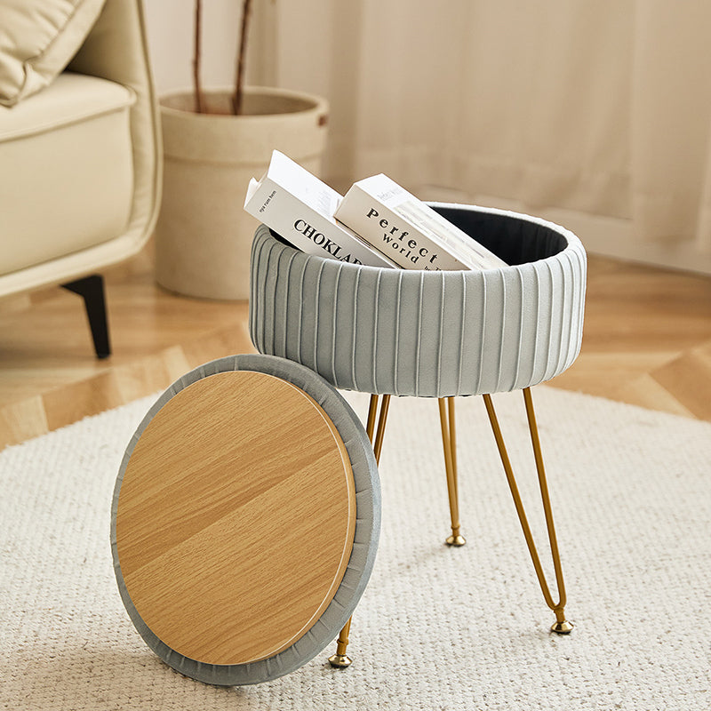 Contemporary Nordic Velvet Sponge Iron MDF Round Hidden Storage Compartment Vanity Stool Backless Armless For Bedroom