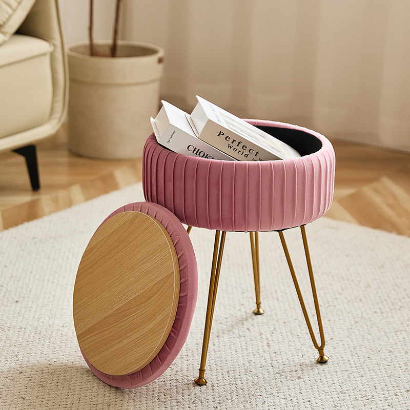 Contemporary Nordic Velvet Sponge Iron MDF Round Hidden Storage Compartment Vanity Stool Backless Armless For Bedroom