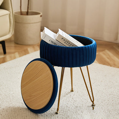 Contemporary Nordic Velvet Sponge Iron MDF Round Hidden Storage Compartment Vanity Stool Backless Armless For Bedroom