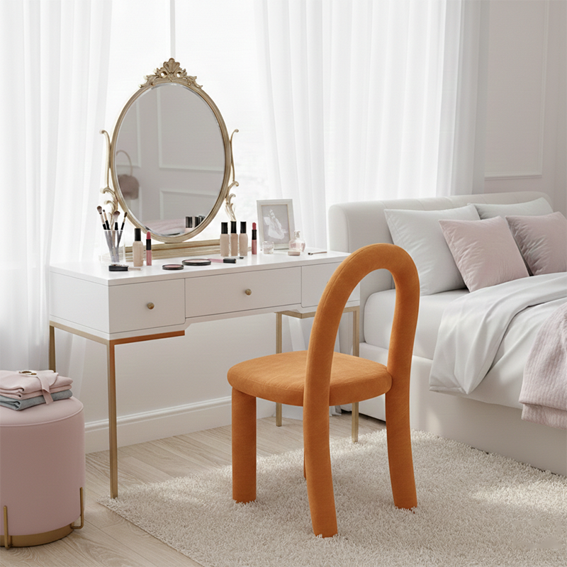 Contemporary Nordic Rounded Arc Sherpa Fabric & Brushed Flannel Iron Vanity Stool Backrest Armless For Bedroom