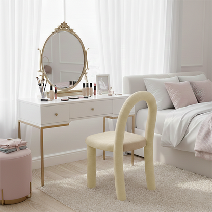Contemporary Nordic Rounded Arc Sherpa Fabric & Brushed Flannel Iron Vanity Stool Backrest Armless For Bedroom