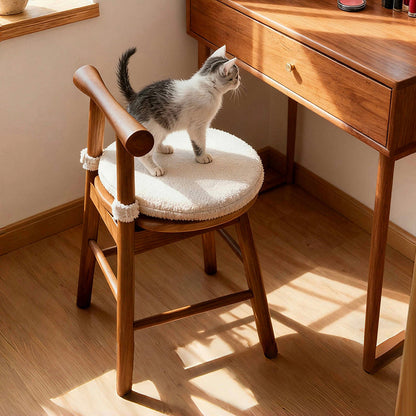 Traditional French Round Solid Rubberwood Sherpa Fabric Elegant Vanity Stool Backrest Armless For Bedroom