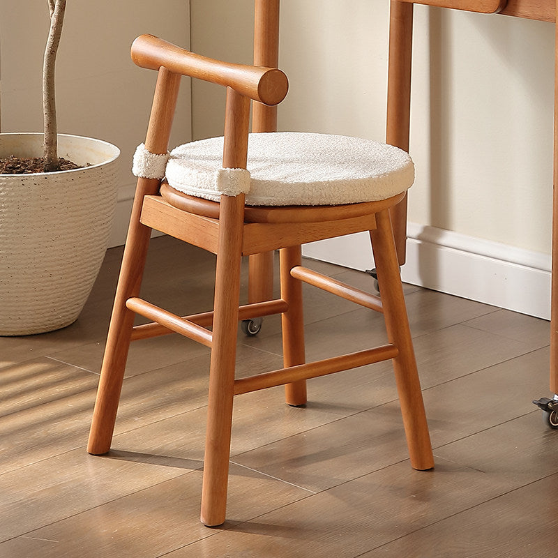 Traditional French Round Solid Rubberwood Sherpa Fabric Elegant Vanity Stool Backrest Armless For Bedroom