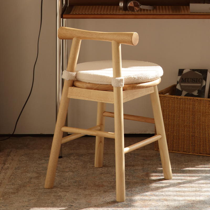 Traditional French Round Solid Rubberwood Sherpa Fabric Elegant Vanity Stool Backrest Armless For Bedroom
