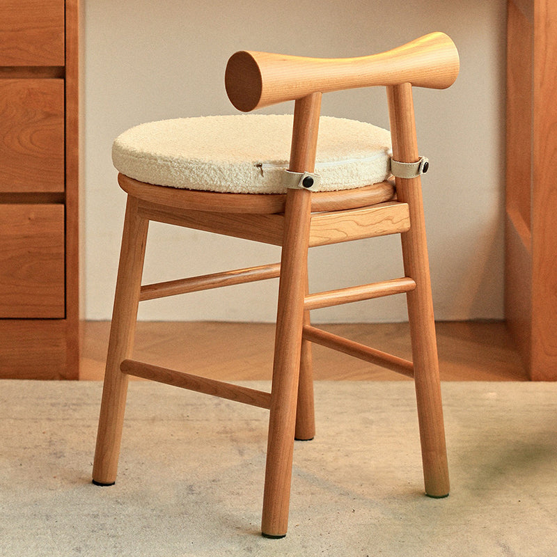 Traditional French Round Solid Rubberwood Sherpa Fabric Elegant Vanity Stool Backrest Armless For Bedroom