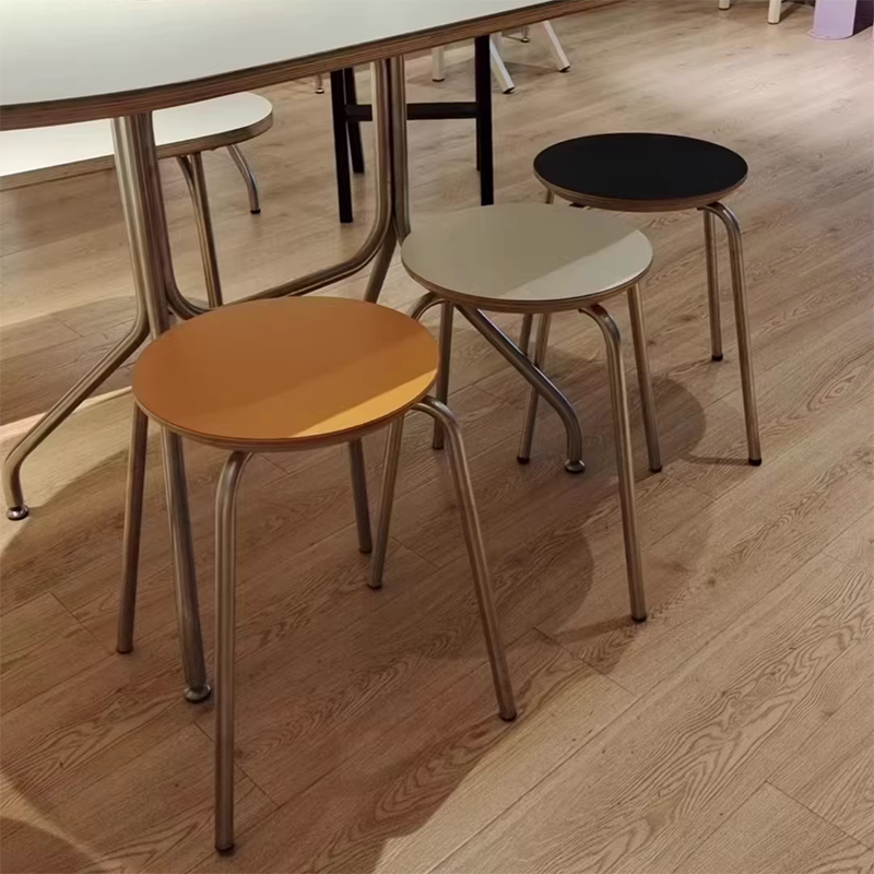 Contemporary Industrial Round Solid Wood Plywood Veneer Stainless Steel Stackable Dining Chair Backless Armless For Dining Room