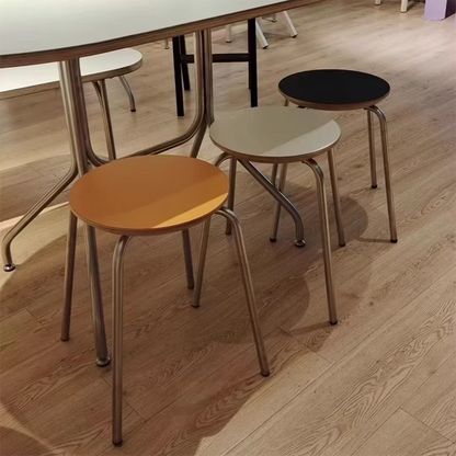 Contemporary Industrial Round Solid Wood Plywood Veneer Stainless Steel Stackable Dining Chair Backless Armless For Dining Room