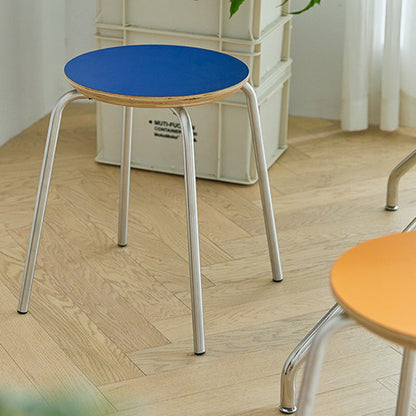 Contemporary Industrial Round Solid Wood Plywood Veneer Stainless Steel Stackable Dining Chair Backless Armless For Dining Room
