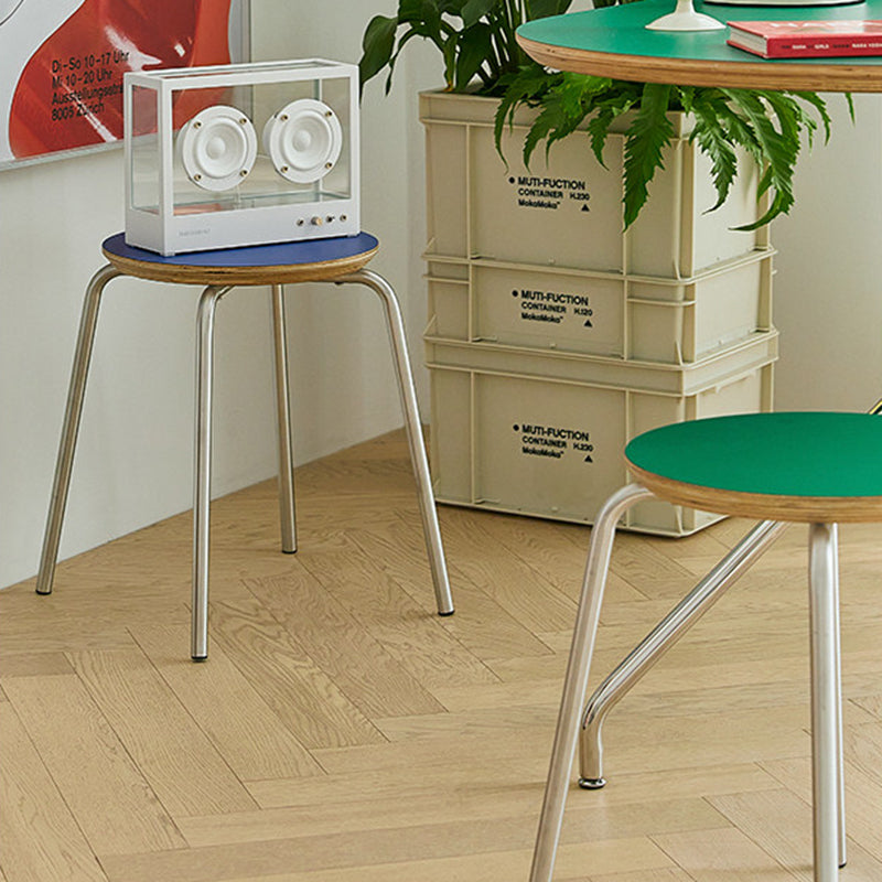 Contemporary Industrial Round Solid Wood Plywood Veneer Stainless Steel Stackable Dining Chair Backless Armless For Dining Room