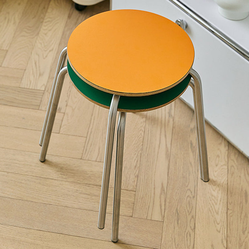 Contemporary Industrial Round Solid Wood Plywood Veneer Stainless Steel Stackable Dining Chair Backless Armless For Dining Room