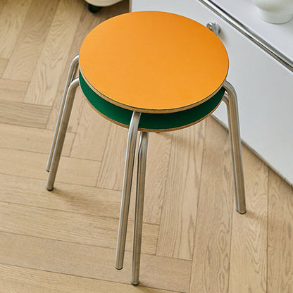 Contemporary Industrial Round Solid Wood Plywood Veneer Stainless Steel Stackable Dining Chair Backless Armless For Dining Room