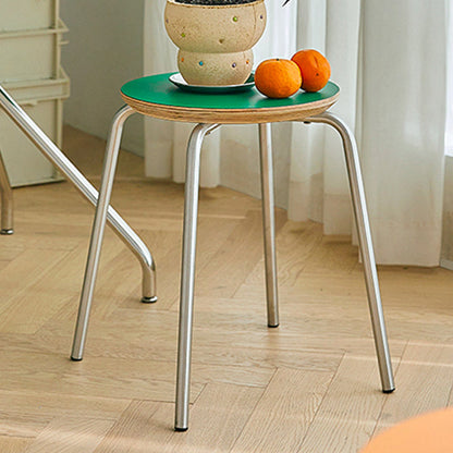 Contemporary Industrial Round Solid Wood Plywood Veneer Stainless Steel Stackable Dining Chair Backless Armless For Dining Room
