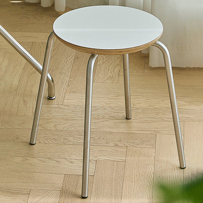 Contemporary Industrial Round Solid Wood Plywood Veneer Stainless Steel Stackable Dining Chair Backless Armless For Dining Room