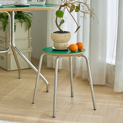 Contemporary Industrial Round Solid Wood Plywood Veneer Stainless Steel Stackable Dining Chair Backless Armless For Dining Room