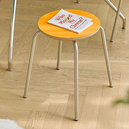 Contemporary Industrial Round Solid Wood Plywood Veneer Stainless Steel Stackable Dining Chair Backless Armless For Dining Room