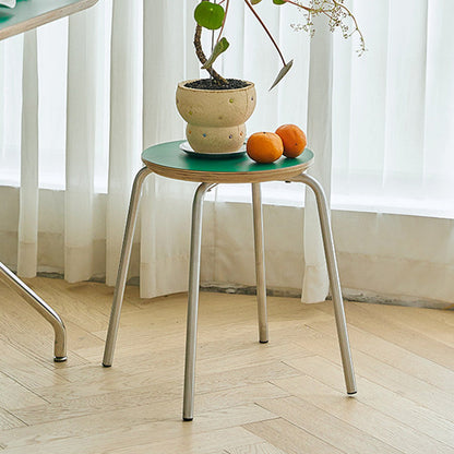 Contemporary Industrial Round Solid Wood Plywood Veneer Stainless Steel Stackable Dining Chair Backless Armless For Dining Room