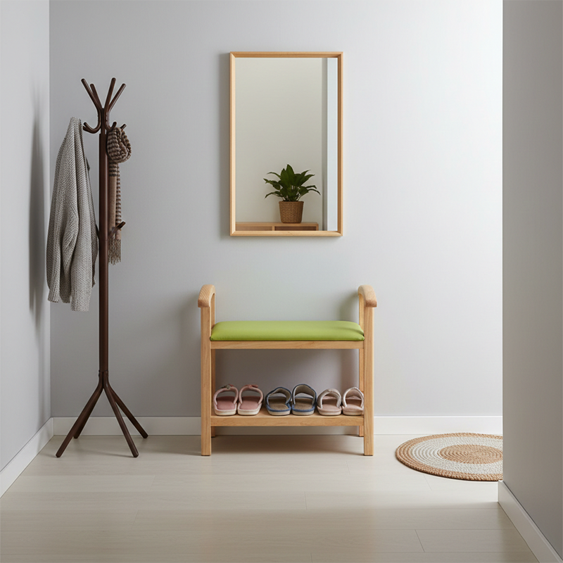 Traditional Japanese Rectangular Rubberwood Solid Wood Plywood PU Leather Shoe Bench Backless Armrest For Entryway & Hallway