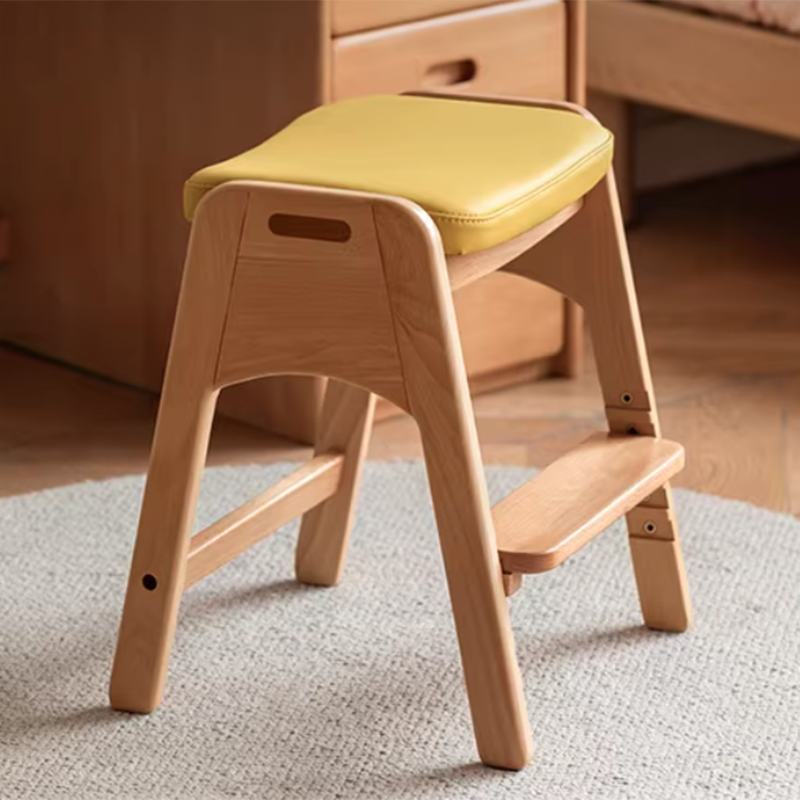 Traditional Japanese Trapezoid Beech Pine Wood PU Leather Adjustable Kids Low Stool For Living Room