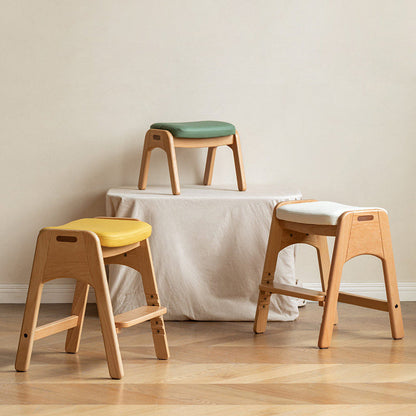 Traditional Japanese Trapezoid Beech Pine Wood PU Leather Adjustable Kids Low Stool For Living Room