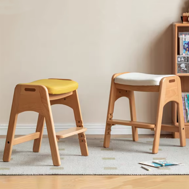 Traditional Japanese Trapezoid Beech Pine Wood PU Leather Adjustable Kids Low Stool For Living Room