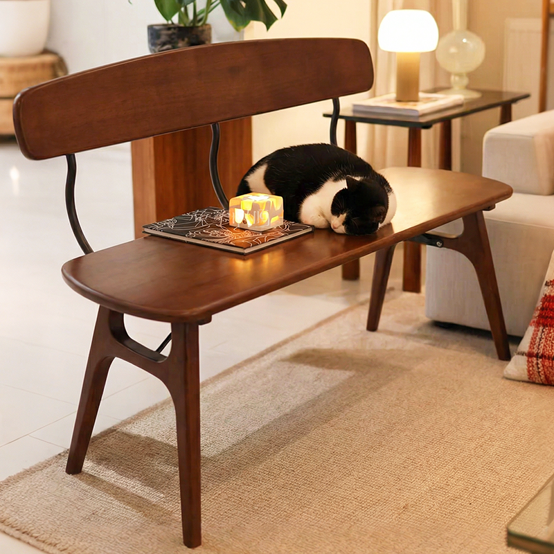 Modern Mid-Century Oval Rubberwood Carbon Steel Comfortable Bench Backrest Armless For Dining Room & Entryway