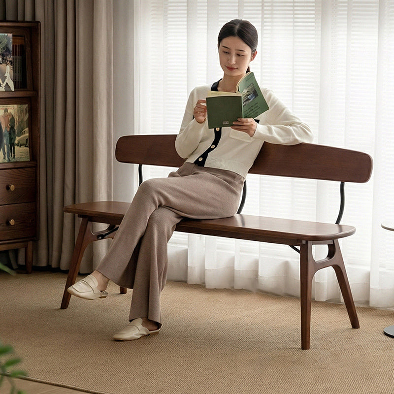 Modern Mid-Century Oval Rubberwood Carbon Steel Comfortable Bench Backrest Armless For Dining Room & Entryway