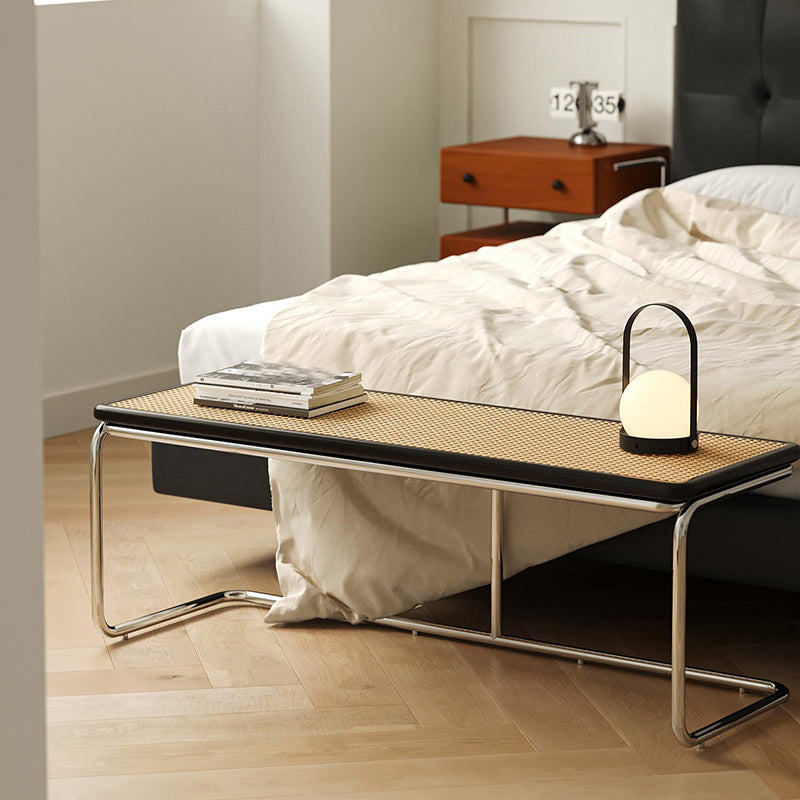 Contemporary Industrial Rectangular Rubberwood Stainless Steel Rattan Weaving Lightweight Bench Backless Armless For Hallway & Entryway