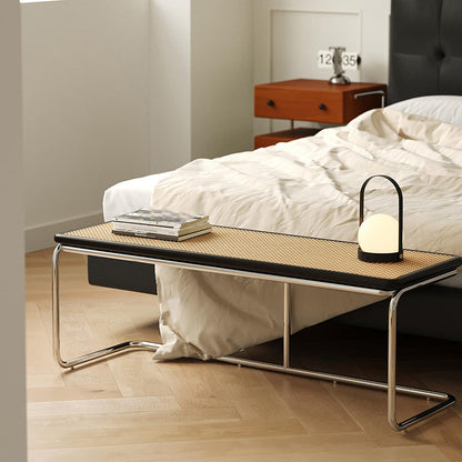Contemporary Industrial Rectangular Rubberwood Stainless Steel Rattan Weaving Lightweight Bench Backless Armless For Hallway & Entryway