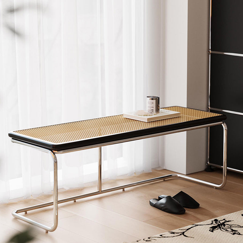 Contemporary Industrial Rectangular Rubberwood Stainless Steel Rattan Weaving Lightweight Bench Backless Armless For Hallway & Entryway